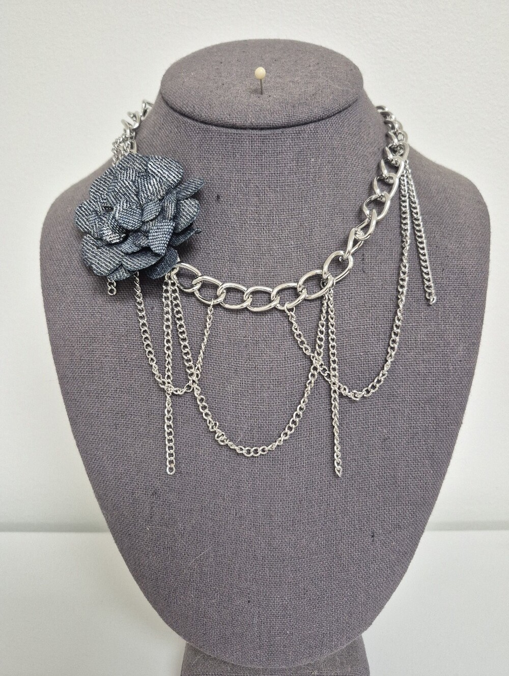 Silver Chain Statement Necklace with Blue/Silver Fabric Flower